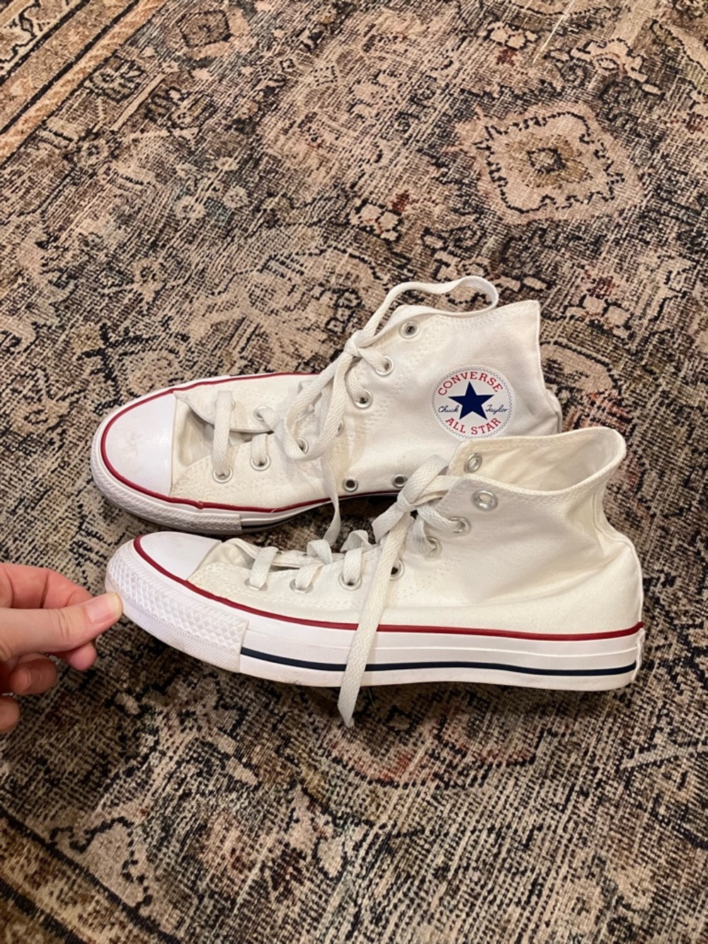 Converse White High Top Sneakers with Red & Navy Trim